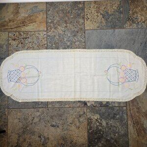 Vintage Hand Embroidered Table Runner Basket & Flowers Cotton Lace Edging